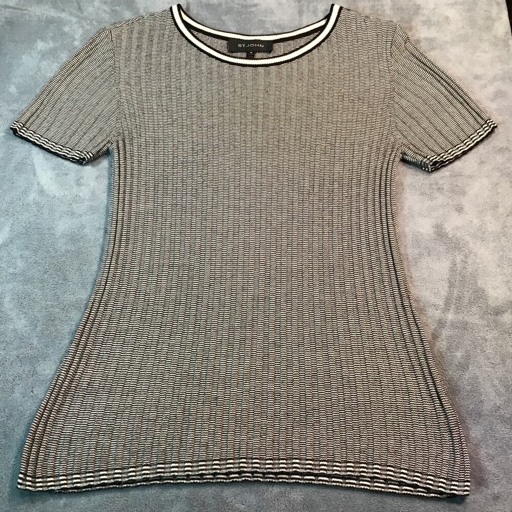 St John Collection Ribbed Short Sleeve Black White Knit Top Size M Quiet Luxury